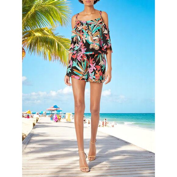 Trina Turk Women's Affable Papillion Palm Print Cold Shoulder Romper Size: M - Picture 7 of 8